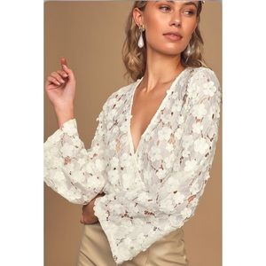 Lulus Blossom On Over White Lace Faux Wrap Long Sleeve Bodysuit